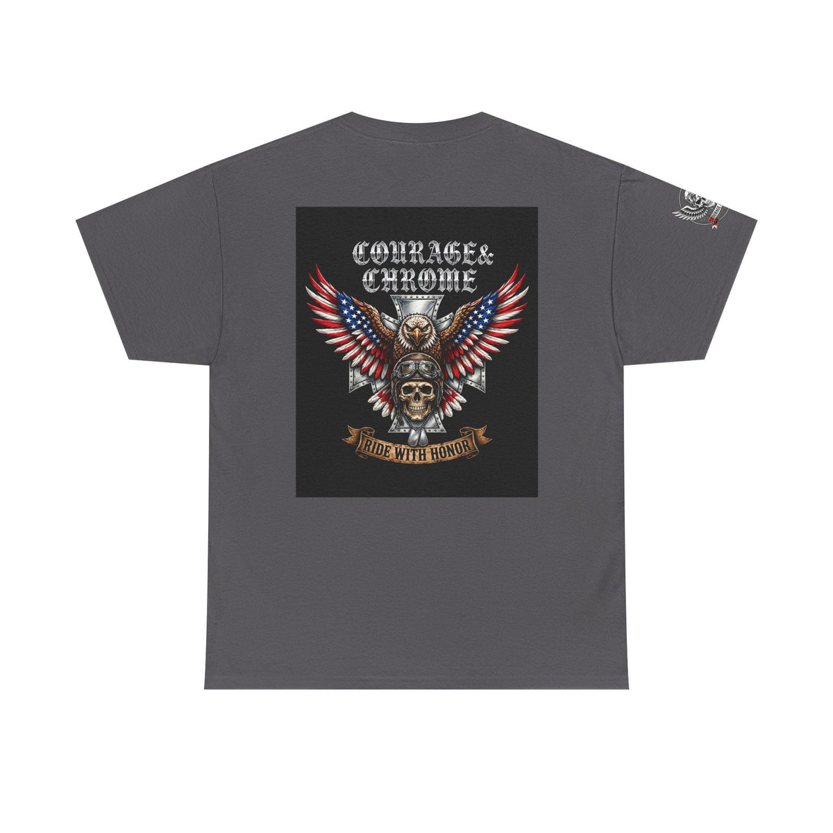 Veteran Biker Tee | Ride With Honor Eagle Back Print, Skull & Wings Logo (100% Cotton)