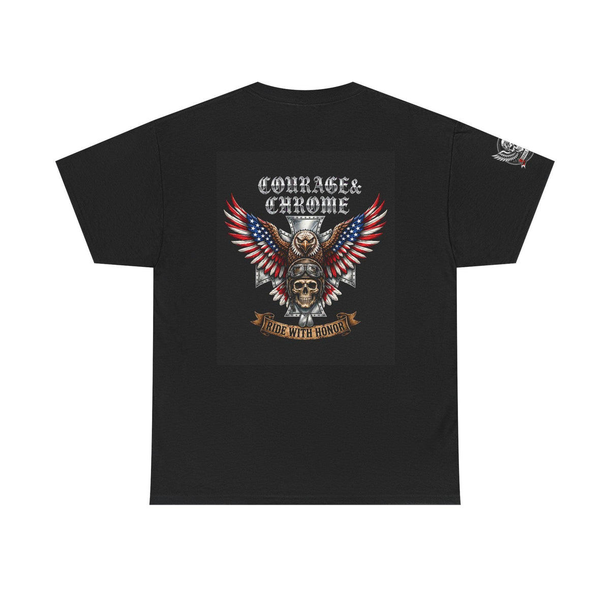 Veteran Biker Tee | Ride With Honor Eagle Back Print, Skull & Wings Logo (100% Cotton)